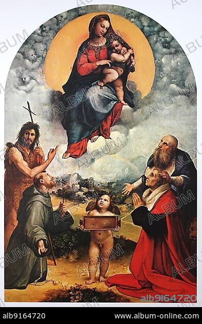 Madonna di Foligno, by Raffaello Sanzio da Urbino, also Raffael da Urbino, Raffaello Santi, Raffaello Sanzio, Raphael, Italian painter, Italy, digitally restored reproduction of a work of art (public domain) from c. 1500, Europe.