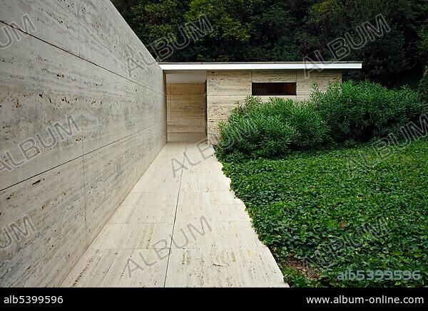 Reconstructed German Pavilion for the 1929 International Exposition by minimalist architect Ludwig Mies van der Rohe, Barcelona, Catalonia, Spain, Europe.