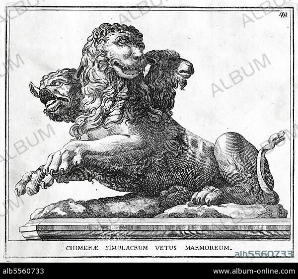 Chimaira, Chimära und Chimäre, ein Mischwesen der griechischen Mythologie, historisches Rom, Italien, digitale Reproduktion einer Originalvorlage aus dem 18. Jahrhundert, Originaldatum nicht bekannt.