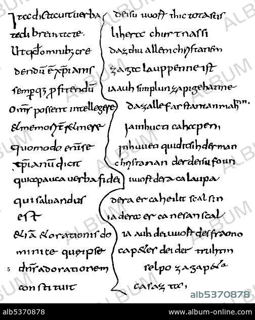 Historic print, manuscript, Exhortatio ad plebem christianam, Altbairisch, Old Bavarian text from the 9th Century, Latin and German, from the Illustrated Atlas of the History of German National Literature by Gustav Koennecke, 1887.