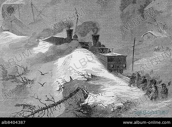A train in an accident in the middle of the snow on the railway line over the Brenner Pass, 1869, Italy, Historic, digitally restored reproduction of an original 19th century painting, exact original date not known, Europe.