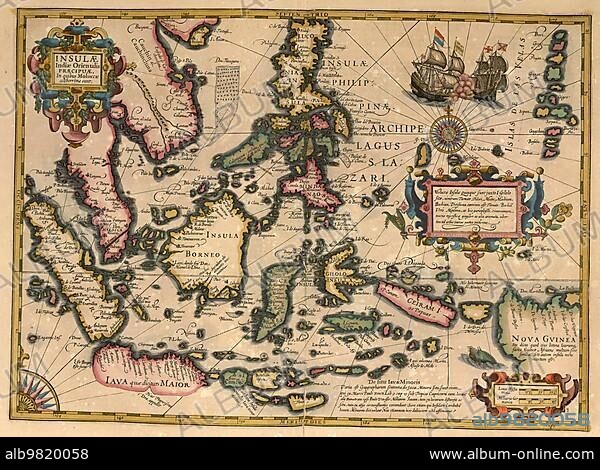 Atlas; map from 1623; Asia; Islands; Java; Borneo; Papua; Philippines; digitally restored reproduction from an engraving by Gerhard Mercator; born as Gheert Cremer; 5 March 1512; 2 December 1594; geographer and cartographer; Asia.