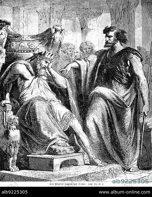 The prophet Nathan in front of David, Nathan, speak, man, anoint, Israel, save, Saul, king, throne, sit, pensive, support head, point finger, angry, angry, interior, Bible, Old Testament, Second Book of Samuelis, chapter 12, verse 7, historical illustration circa 1850, Middle East, Asia.