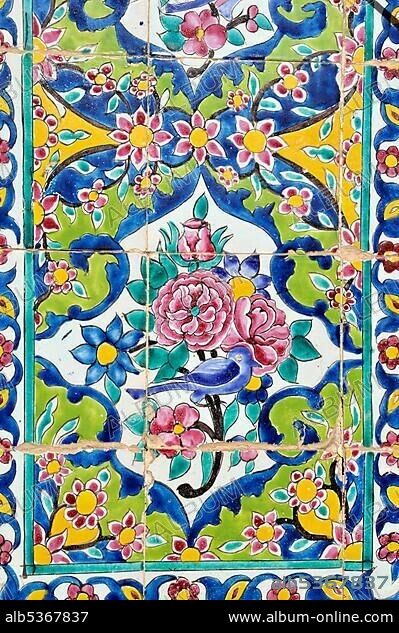 Colorful faience tiles at the historic Khan Medrese, Shiraz, Fars, Iran, Persia, Asia.
