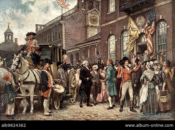 Washington's Inauguration in Philadelphia. The image shows George Washington arriving at Congress Hall in Philadelphia; Painting by Jean Leon Gerome Ferris; Historic; Digitally restored reproduction from a 19th century original.