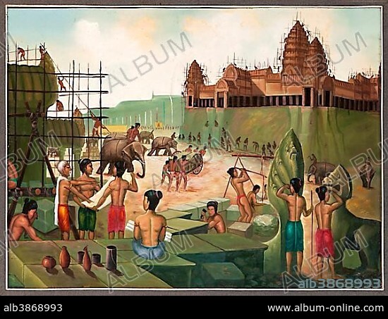 Painting depicting a historical account of the construction of Angkor Wat Temple in the 13th century, gallery in Pursat, Pursat, Pursat Province, Cambodia, Asia.