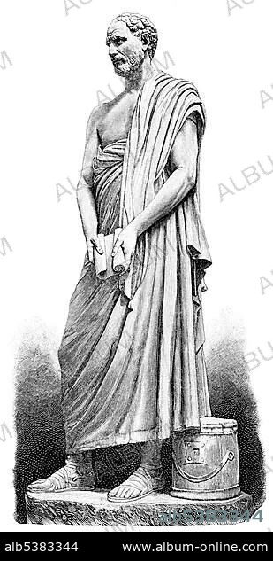 Historical print from the 19th century, statue of Demosthenes, 384 BC - 322 BC, an ancient Greek orator and statesman.