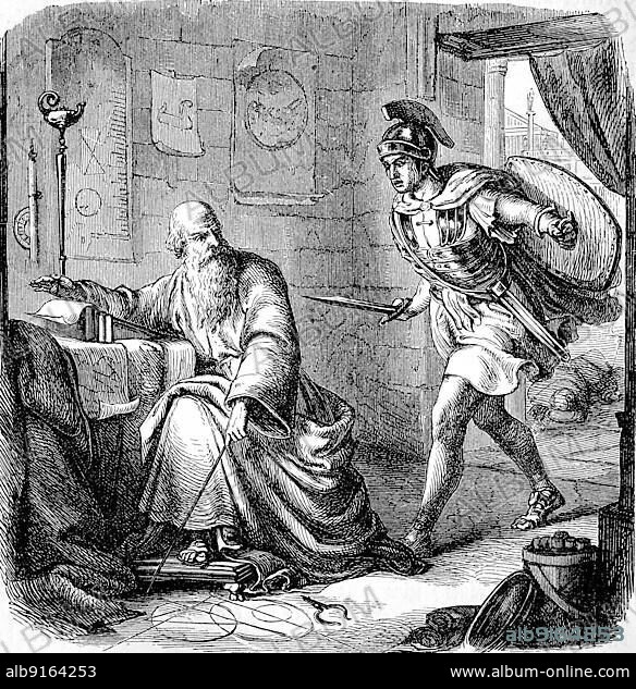 Archimedes of Syracuse, 287 BC 212 BC Ancient Greek mathematician, physicist, engineer, inventor and astronomer, killed by a Roman soldier, The History of Ancient Rome, Roman Empire, Italy, Historical, digitally restored reproduction of a 19th century original, Europe.