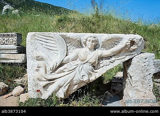 Historic relief sculpture of Nike, goddess of victory, Ephesus, Turkey, Asia.
