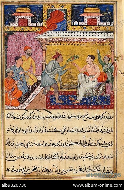 The hunter offers the mother parrot to the king of Kamarupa; from a Tuti-nama; Tales of a Parrot. Tutinama; Tales of a Parrot; is a series of 52 stories in Persian from the 14th century; in the 16th century Mughal Emperor Agbar commissioned an illustrated version; Fifth Night; c. 1560. Basavana (Indian) (active c. 1560-1600) .; Historical; digitally restored reproduction from an original of the period.