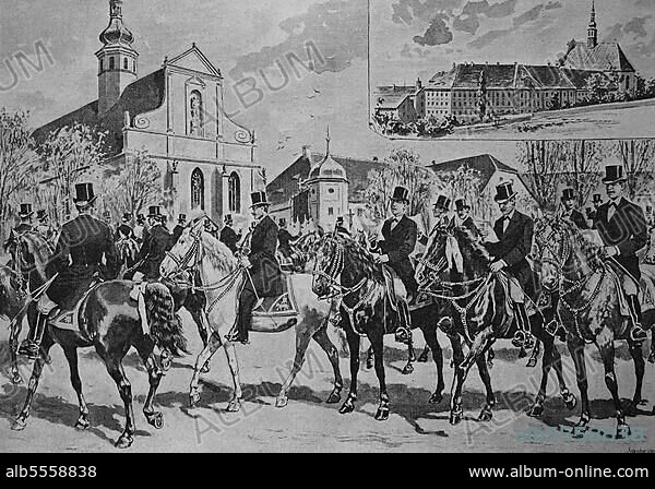 Das Osterreiten beim Kloster Marienstern in der Lausitz, ein Zisterzienserinnenkloster in der Stadt Mühlberg an der Elbe im heutigen Bundesland Brandenburg, Deutschland, Historisch, digitale Reproduktion einer Originalvorlage aus dem 19. Jahrhundert.