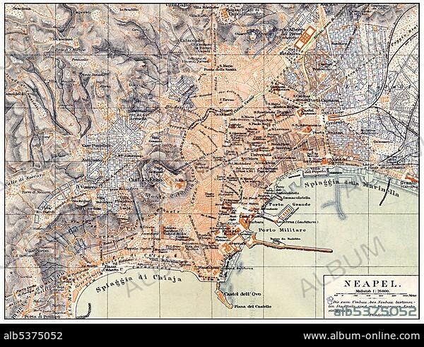 Historical map of Naples and surroundings, Italy, 19th Century, from Meyers Konversations-Lexikon encyclopaedia, 1889, Europe.