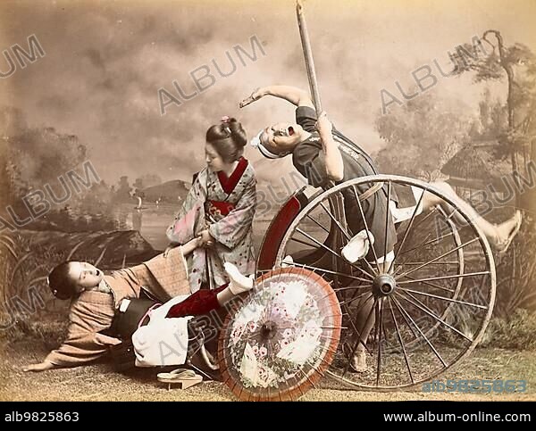 Accident with a rickshaw; the vehicle has fallen over backwards due to overloading. A woman lies on the ground while the rickshaw driver tries to get the vehicle upright; 1890; Japan; Historic; digitally restored reproduction from a 19th century original; Asia.