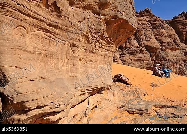 Neolithic rock art panel with Tuareg of the Tadrart, Tassili n'Ajjer National Park, Unesco World Heritage Site, Algeria, Sahara, North Africa, Africa.