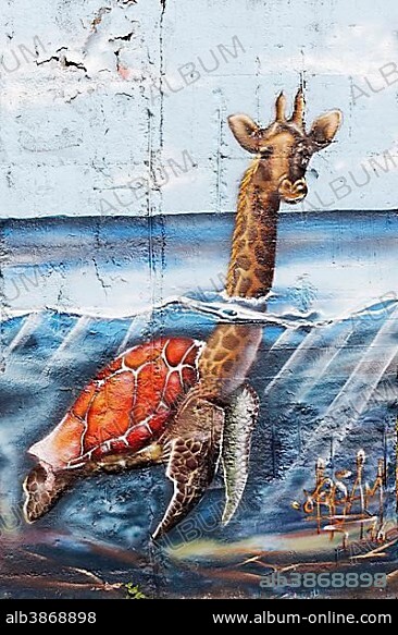 Giraffe swimming in the sea, graffiti, surreal, urban art, street art, Duisburg, Ruhr district, North Rhine-Westphalia, Germany, Europe.