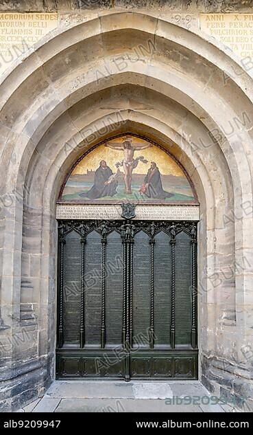 Germany - 13 September 2020: the door of the castle church door in Wittenberg where Martin Luther nailed his 95 theses in 1517.