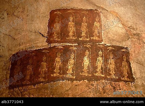 Theravada Buddhism, ancient wall painting, standing Buddha Shakyamuni, Mudra, Varada, gesture of wish-granting, Tham Pa cave, at Nong Thang, Xieng Khouang province, Laos, Southeast Asia, Asia.