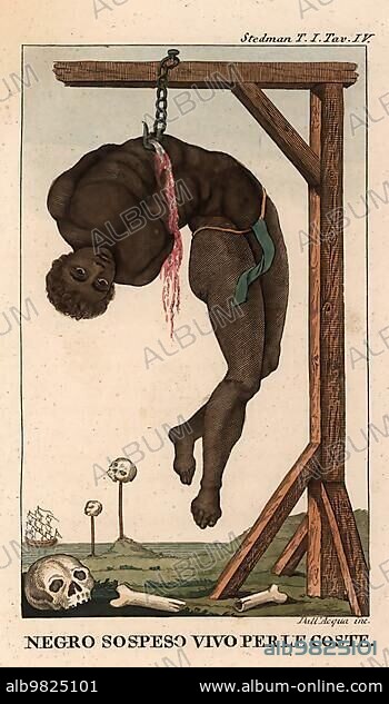 A black slave hangs by his upper body from a hook attached to a gallows. Skulls and bones lie on the ground. Source title Report of a five-year expedition against the revolting Negroes of Surinam; c. 1790; Historical; digitally restored reproduction from a 19th century original.