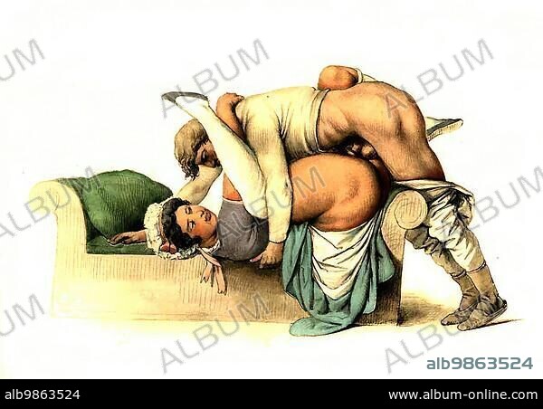 Couple having sex, Erotic illustration by Peter Johann Nepomuk Geiger, c. 1850, Austria, Historic, digitally restored reproduction from an original of the period, Europe.