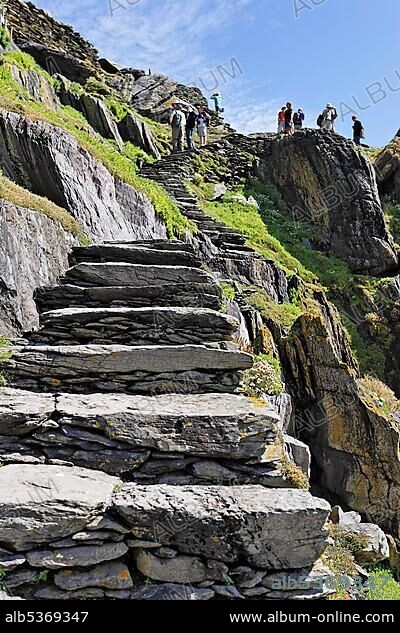 600 stone steps lead to the old monk settlement of Skellig Michael, Skelligs Islands, Ireland, Europe.
