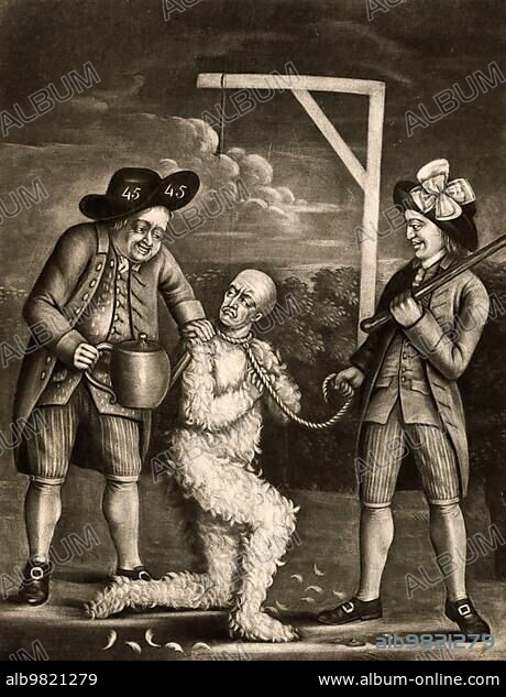 A new method of torture as practised in Boston. The print shows two men with a tarred and feathered customs officer forcing him to drink from a large teapot. The man has a short rope around his neck; which may have been attached to the rope hanging from a gallows in the background. On 27 January 1774; British customs official John Malcolm was tarred and feathered; led to a gallows and forced to drink tea; Historic; digitally restored reprod.