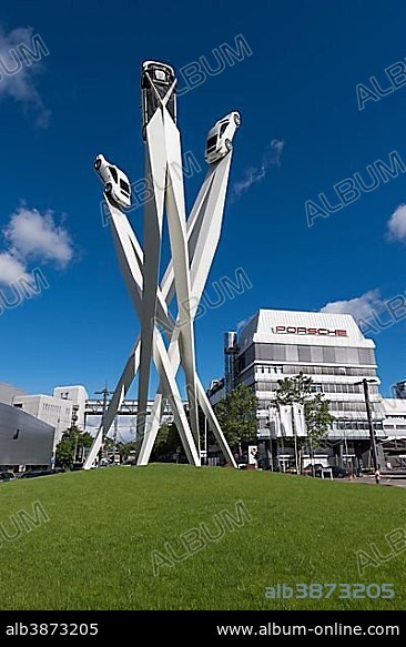 Porsche plants and sculpture Inspiration 911 on Porscheplatz, artist Gerry Judah, Stuttgart-Zuffenhausen, Baden-Württemberg, Germany, Europe.
