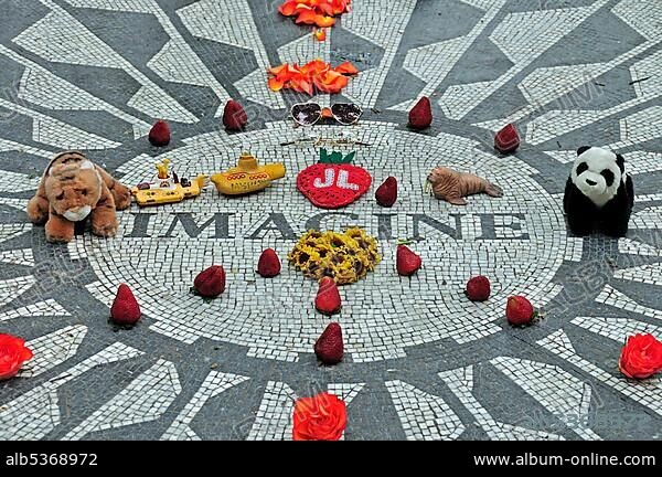 Decorated memorial site to John Lennon, Strawberry Fields, Central Park, Manhattan, New York City, USA, North America, America, PublicGround, North America.