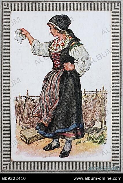 Traditional Costumes in Germany in the 19th century, Fisherman's Wife from Mönchgut, Historical, digitally restored reproduction from a collector's picture from ca 1910.