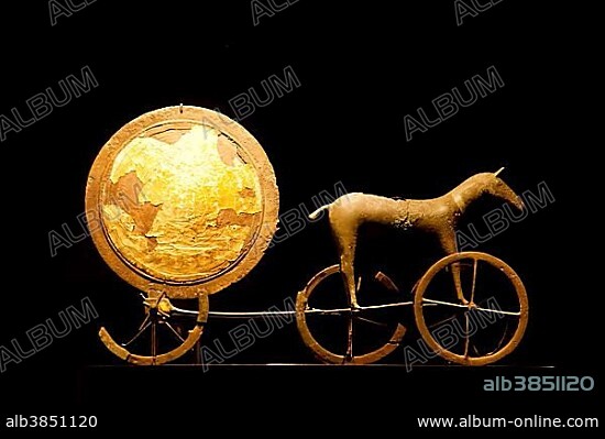 Solvognen, Trundholm sun chariot, from the Bronze Age, at display at the National Museum, Nationalmuseet, Copenhagen, Denmark, Europe.