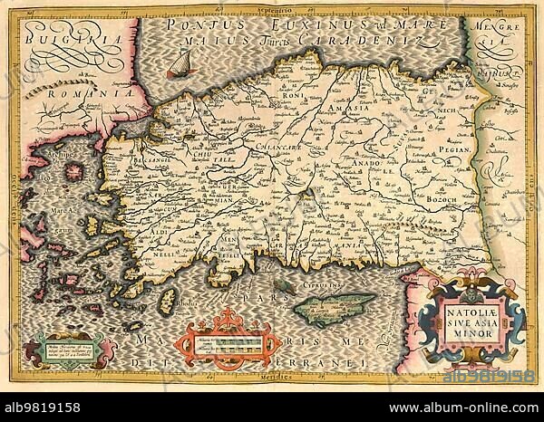 Atlas; map from 1623; Anatolia; Turkey; digitally restored reproduction from an engraving by Gerhard Mercator; born as Gheert Cremer; 5 March 1512; 2 December 1594; geographer and cartographer; Asia.