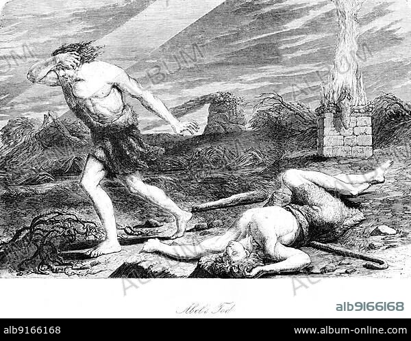 Abel's death, Bible, Cain and Abel, brother, murder, sacrifice, outdoors, lying, running away, fire, ray of light, landscape, Old Testament, First Book of Moses, chapter 4, historical illustration 1850.