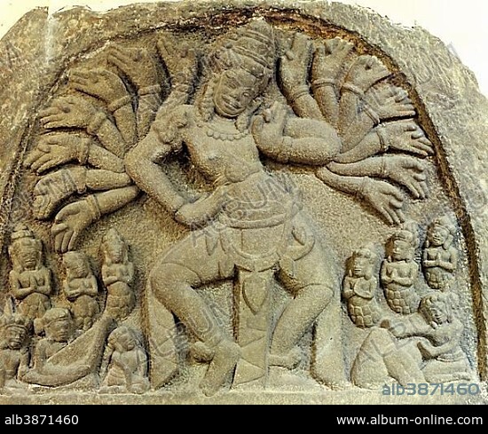 Sandstone relief, 16-armed deity Shiva, dancing god, Khueng My style, 10th century, Cham Museum, Da Nang, Zentralvietnam, Vietnam, Asia.