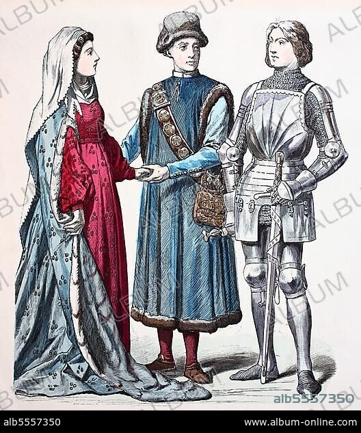 Folk traditional costume, clothing, history of costumes, woman's costume, 1450, citizen of Ravensburg, 1429 and knight of Stettenberg, 1428, Germany, digitally restored reproduction of a 19th century original, exact date unknown, Europe.