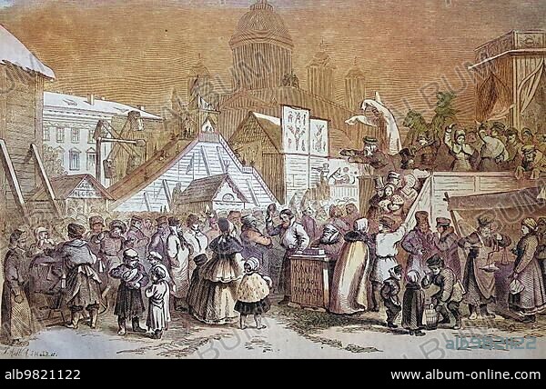 The Butter Week in St. Petersburg; Russia; historical engraving; circa. 1870; Historical; digitally restored reproduction from a 19th century original; coloured; exact date unknown; Europe.