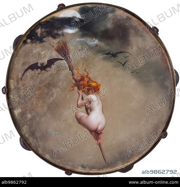 A naked red-haired witch riding her broom through the night, painted on a tambourine, artwork by Luis Ricardo Falero, Historic, digitally restored reproduction from an original of the period.