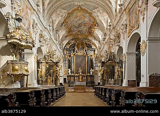 Benedictine monastery of St. Emmeram, St. Emmeram's Abbey, nave and high altar of the papal basilica with a baroque interior by the Asam brothers, Old Town of Regensburg, Upper Palatinate, Bavaria, Germany, Europe.