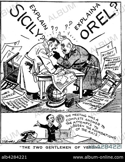 Satircal cartoon published in the "Daily Express". Hitler, Mussolini and Goebbels. July 22, 1943. Second World War.
