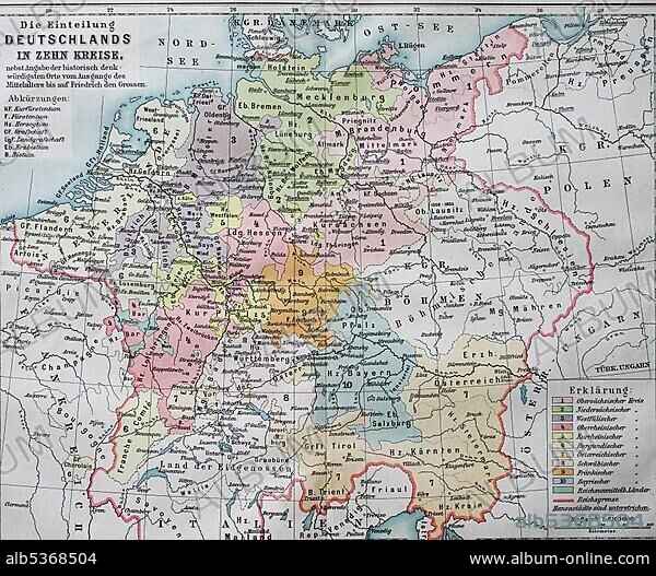Map, the division of Germany into ten circles in the 16th century, imperial circles, historical illustration, Germany, Europe.