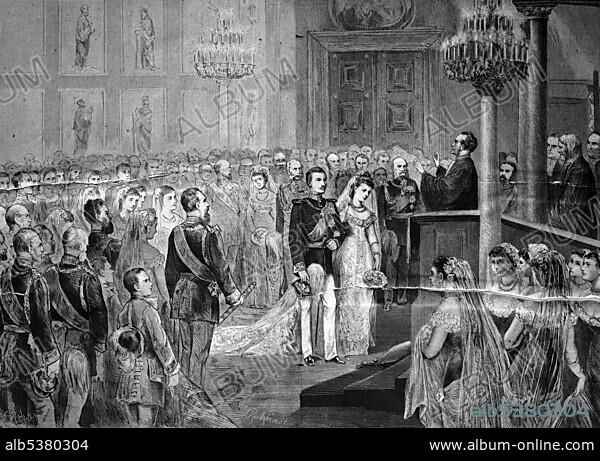 Wedding of Prince Wilhelm of Prussia and Princess Augusta Victoria of Schleswig-Holstein in Berlin, 1881, historical illustration, circa 1886.