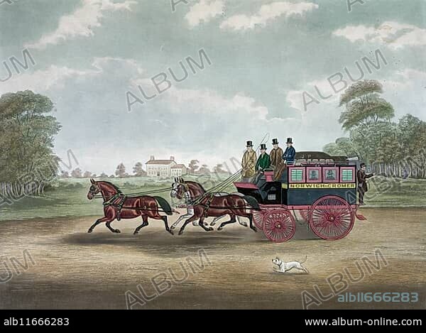 The coach Unicorn Norwich, Men in the coach Norwich to Cromer, drawn by three horses, 1830, England, Historical, digitally restored reproduction from a 19th century original, Record date not stated.