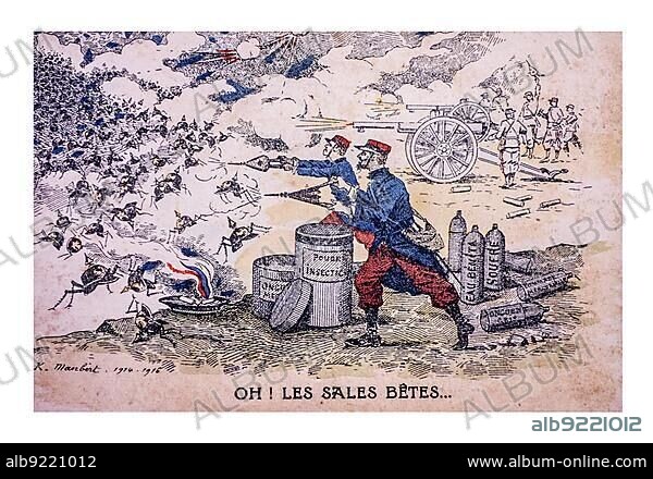 Vintage WWI cartoon showing French First World War One soldiers fighting Germans depicted as bugs.