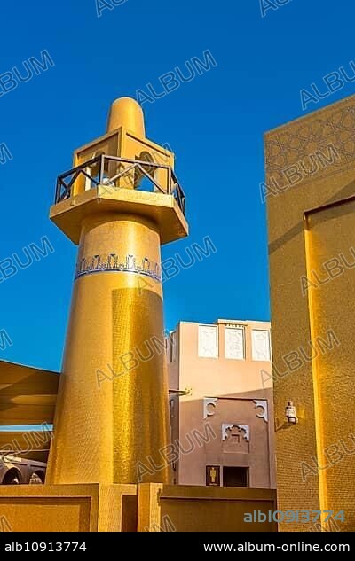 Golden Mosque in the Cultural Centre Katara of Doha, church, church tower, gilded, wealth, Orient, Muslim, culture, cultural village, sacred building, oriental, oil, wealth, travel, holiday, tourism, architecture, building, tradition, religion, world religion, history, cultural history, Islam, Doha, Qatar, Asia.