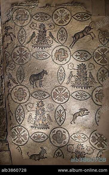 Mosaic floor with animal symbolism, 4th century, exposed in the belfry of the Romanesque Basilica, Aquileia, Udine province, Friuli-Venezia Giulia, Italy, Europe.