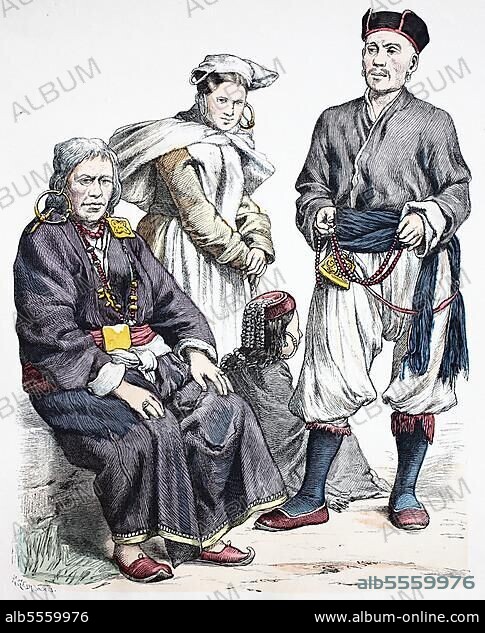 Folk traditional costume, clothing, history of costumes, Tibetan women, Llama priest of Lassa, costumes from Asia, 1885, digitally restored reproduction of a 19th century original, exact date unknown.