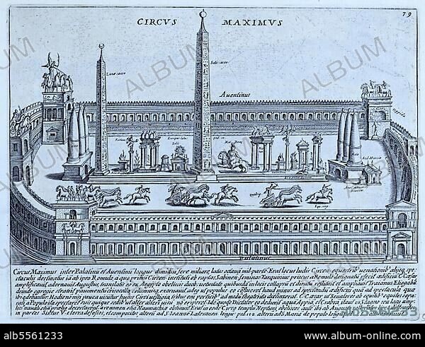 Circus Maximus. Der römische Circus war für Wagenrennen konzipiert, obwohl auch andere Veranstaltungen in diesen Arenen stattfanden, historisches Rom, Italien, digitale Reproduktion einer Originalvorlage aus dem 17. Jahrhundert, Originaldatum nicht bekannt.