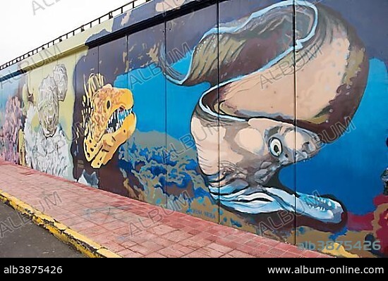 Harbour wall with paintings of marine animals, Los Cristianos, Tenerife, Canary Islands, Spain, Europe.