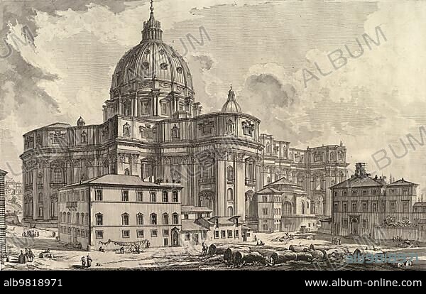 Ancient Italy; View of the Exterior of St. Peter's Basilica in the Vatican; Rome; 1760; Italy; Historic; digitally restored reproduction from an original of the period; Europe.