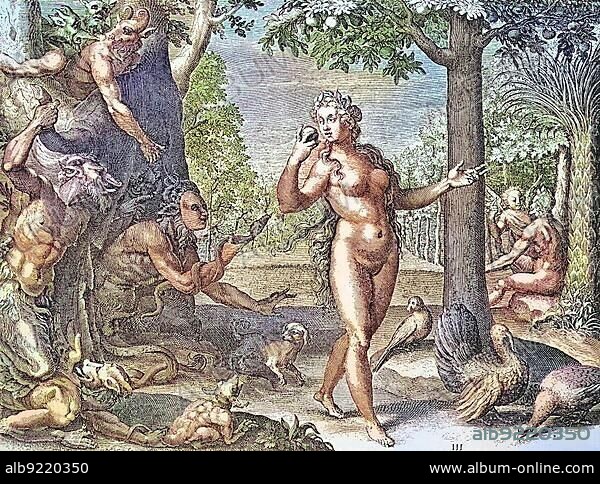 Eve's seduction by Satan, Eve as a naked woman with the apple, surrounded by fantasy figures of hell, copperplate engraving, digitally restored reproduction of a 19th century original, exact original date not known.