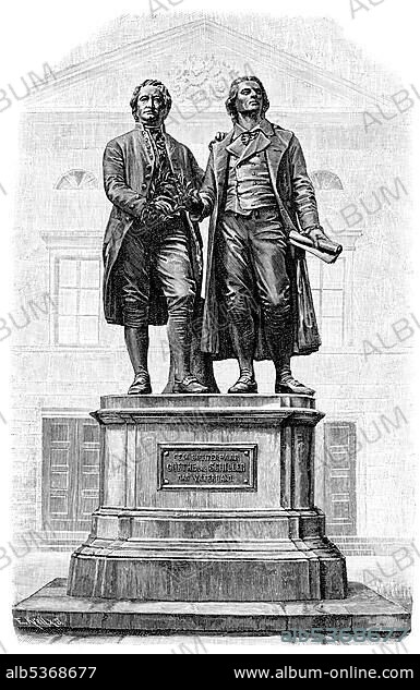 Historical illustration from the 19th century, the Goethe-Schiller monument, a bronze double statue of the German poets Johann Wolfgang von Goethe and Friedrich Schiller, in front of the former Court Theatre in Weimar, circa 1900, Weimar, Thuringia, Germany, Europe.