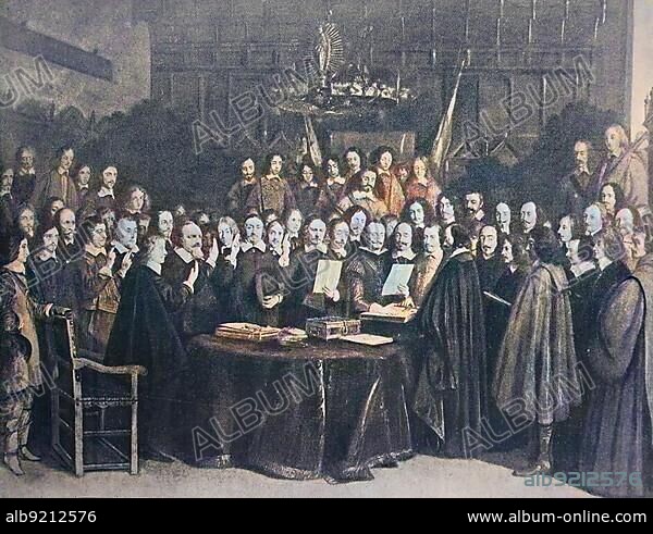 The Treaty of Münster or Peace of Westphalia, The Swearing of the Oath of Confirmation of the Treaty of Münster 1648, Germany, Historical, digitally restored reproduction of a 19th century original, Europe.